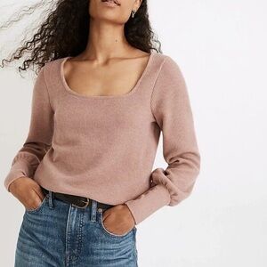 Madewell Ribbed Square Neck Long Sleeve Top | Dusty Rose | Soft Stretch | Small